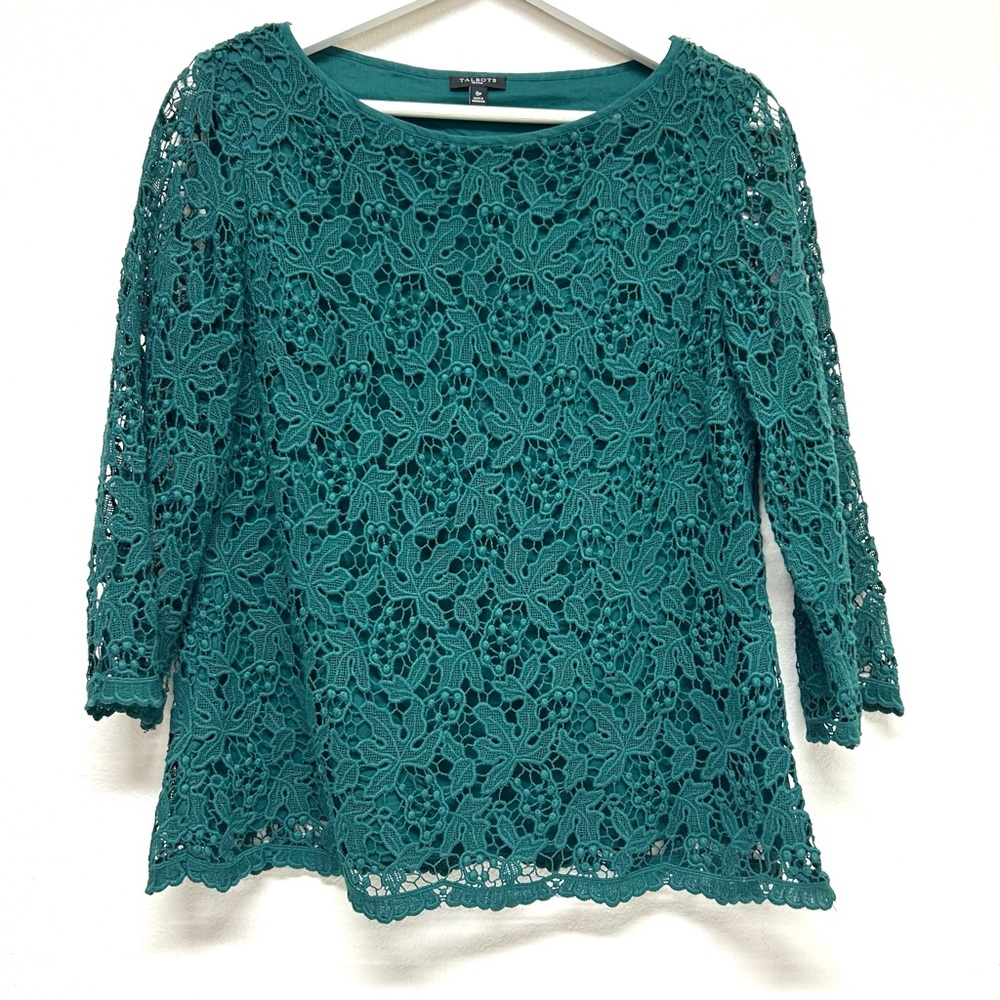 Talbots Forest Green Floral Crochet Lace Overlay Blouse Cotton Classic Top 8P